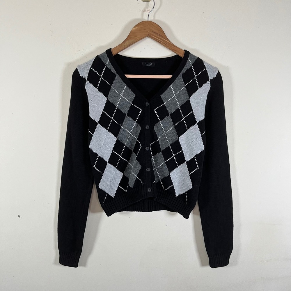 Brandy Melville John Galt Argyle Cropped V-Neck Knit Cardigan Sweater Cotton